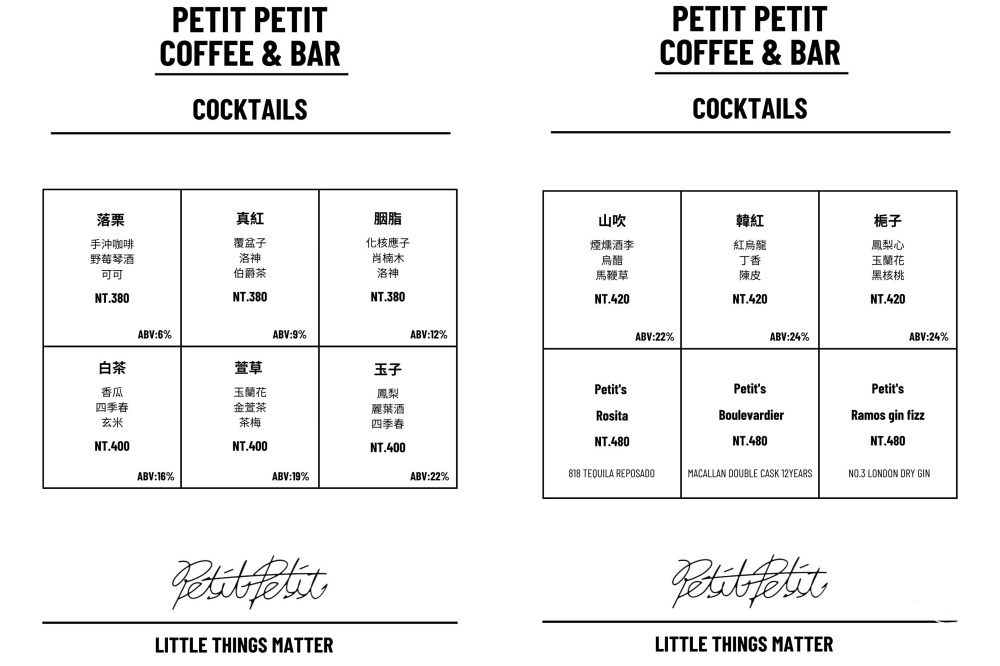 Petit Petit Coffee & Bar酒單菜單價格