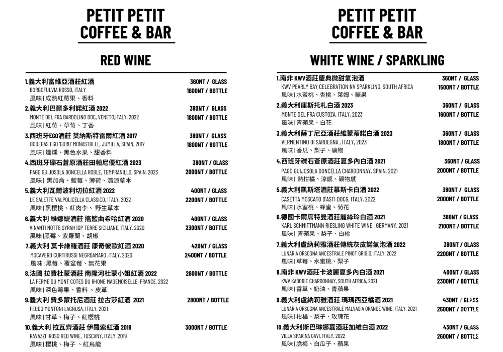 Petit Petit Coffee & Bar酒單菜單價格